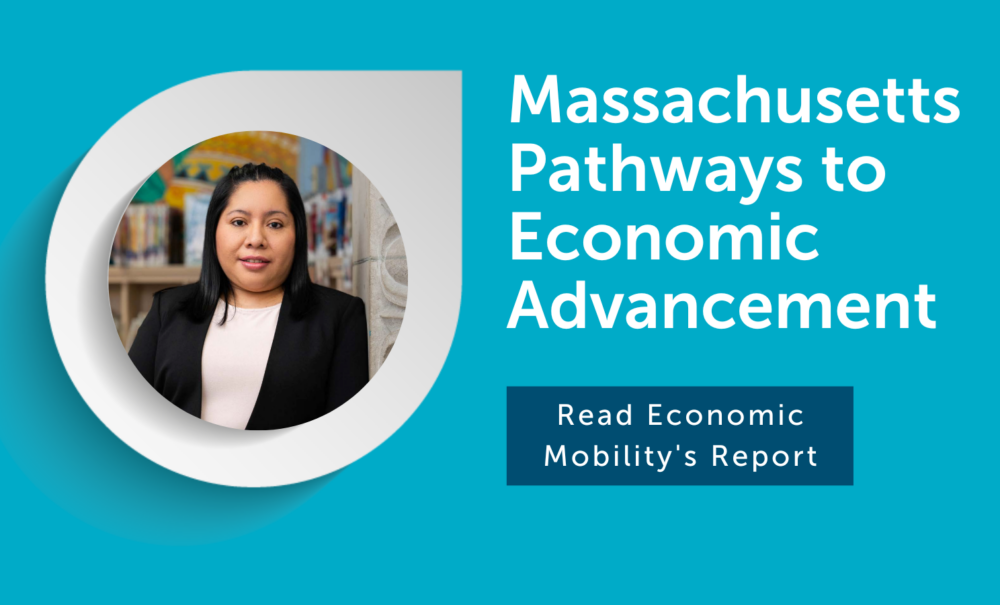 Graphic of a learner in the Massachusetts Pathways to Economic Advancement Project to promote the final evaluation report of the project